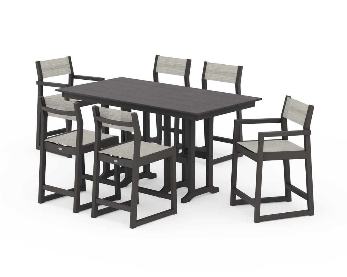 POLYWOOD EDGE Sling 7-Piece Farmhouse Counter Set with Trestle Legs in Vintage Coffee / Birch