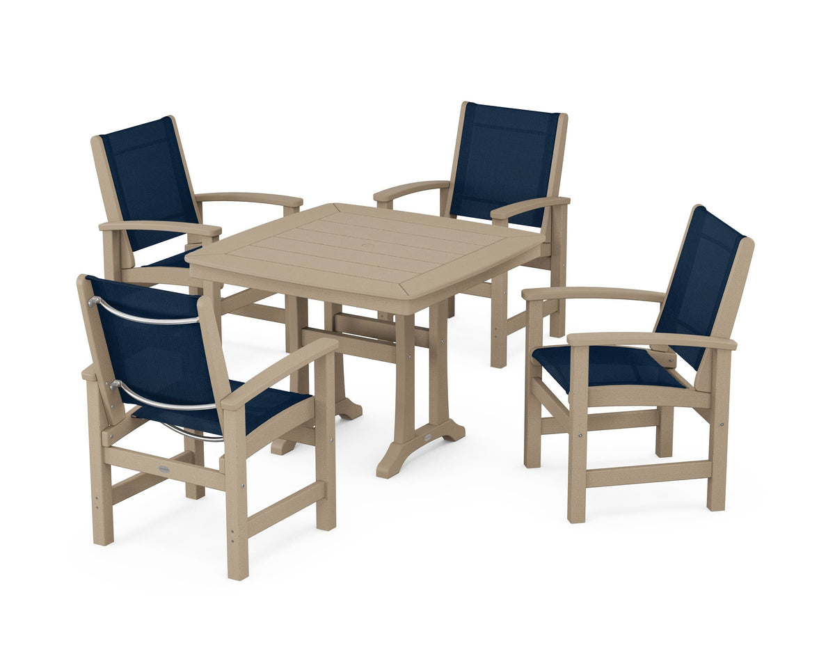 POLYWOOD Coastal 5-Piece Dining Set with Trestle Legs with Nautical Trestle 37" Dining Table in Vintage Sahara / Navy Blue