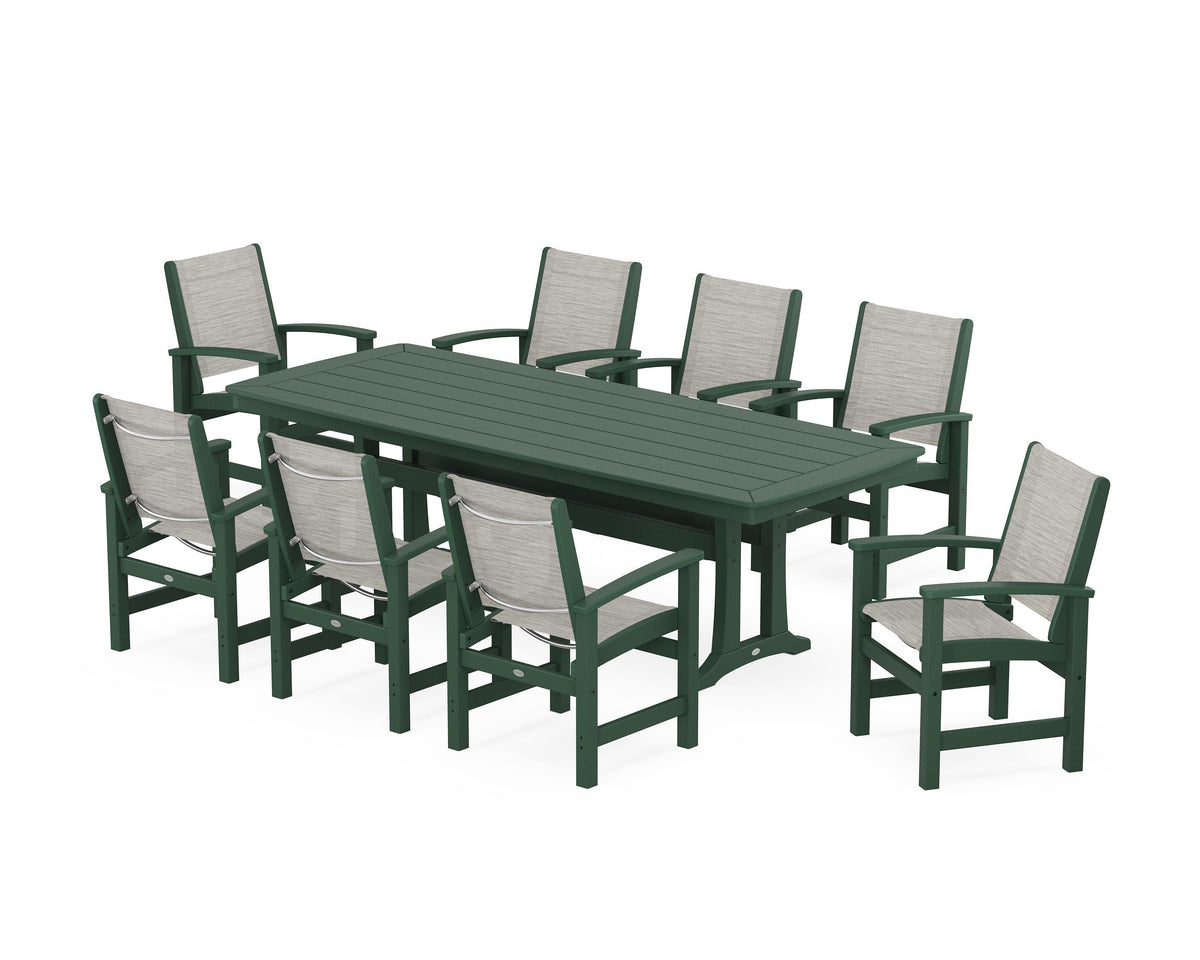 POLYWOOD Coastal 9-Piece Dining Set with Trestle Legs in Green / Birch
