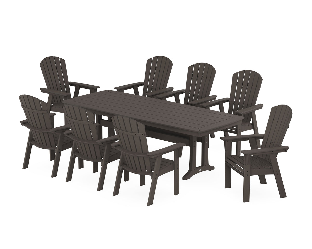 POLYWOOD Nautical Curveback Adirondack 9-Piece Dining Set with Trestle Legs in Vintage Coffee