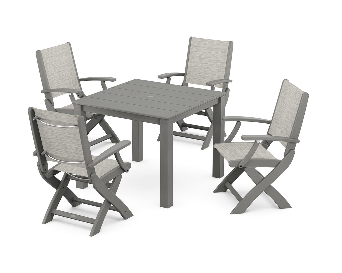POLYWOOD Coastal Folding Chair 5-Piece Parsons Dining Set in Slate Grey / Birch