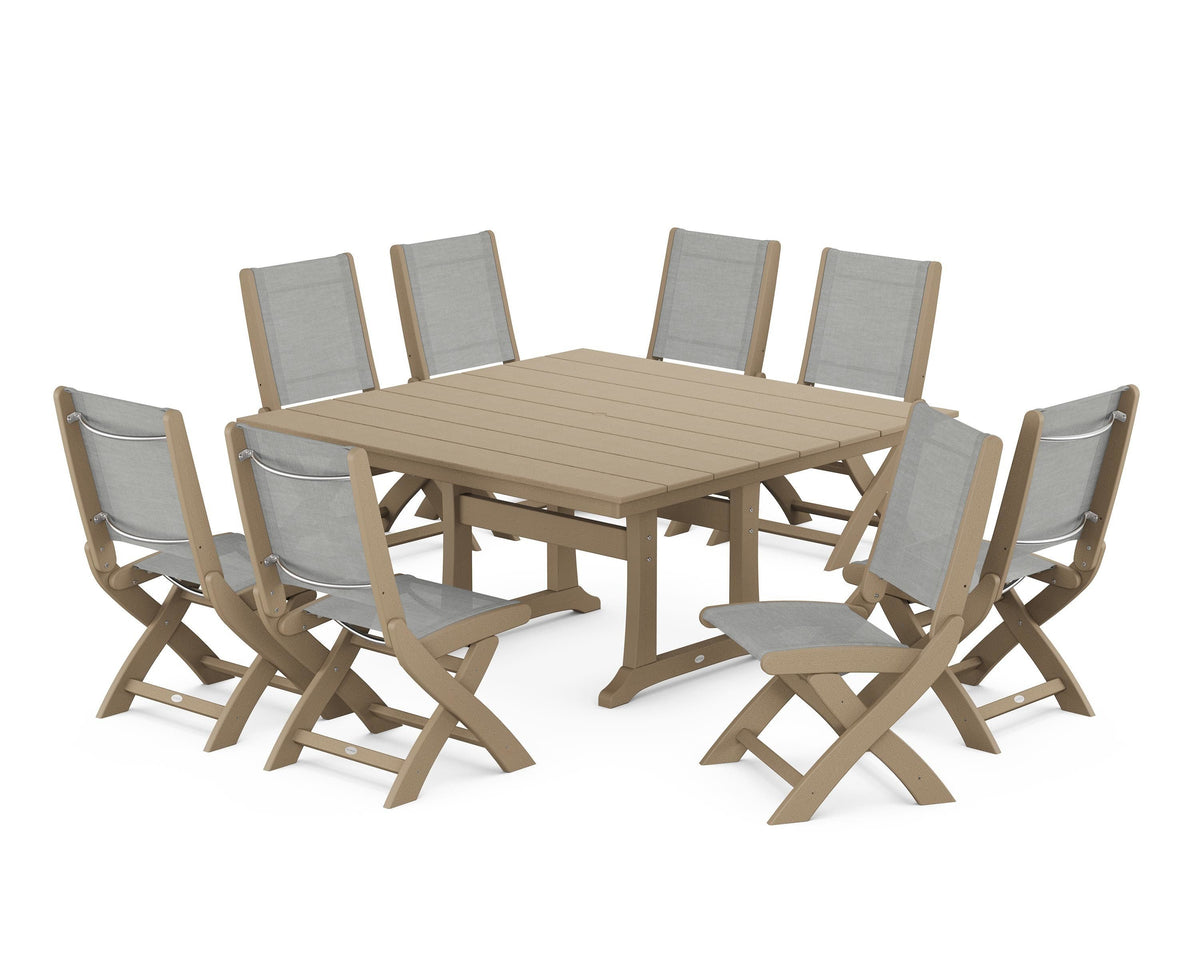 POLYWOOD Coastal Folding Side Chair 9-Piece Farmhouse Dining Set in Vintage Sahara / Metallic