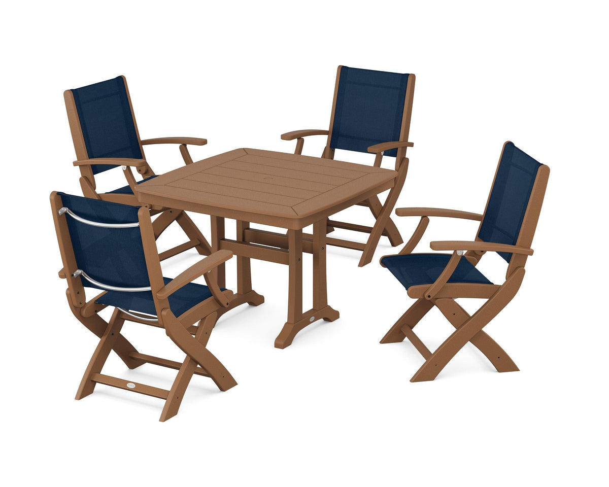 POLYWOOD Coastal Folding Chair 5-Piece Dining Set with Trestle Legs in Teak / Navy Blue