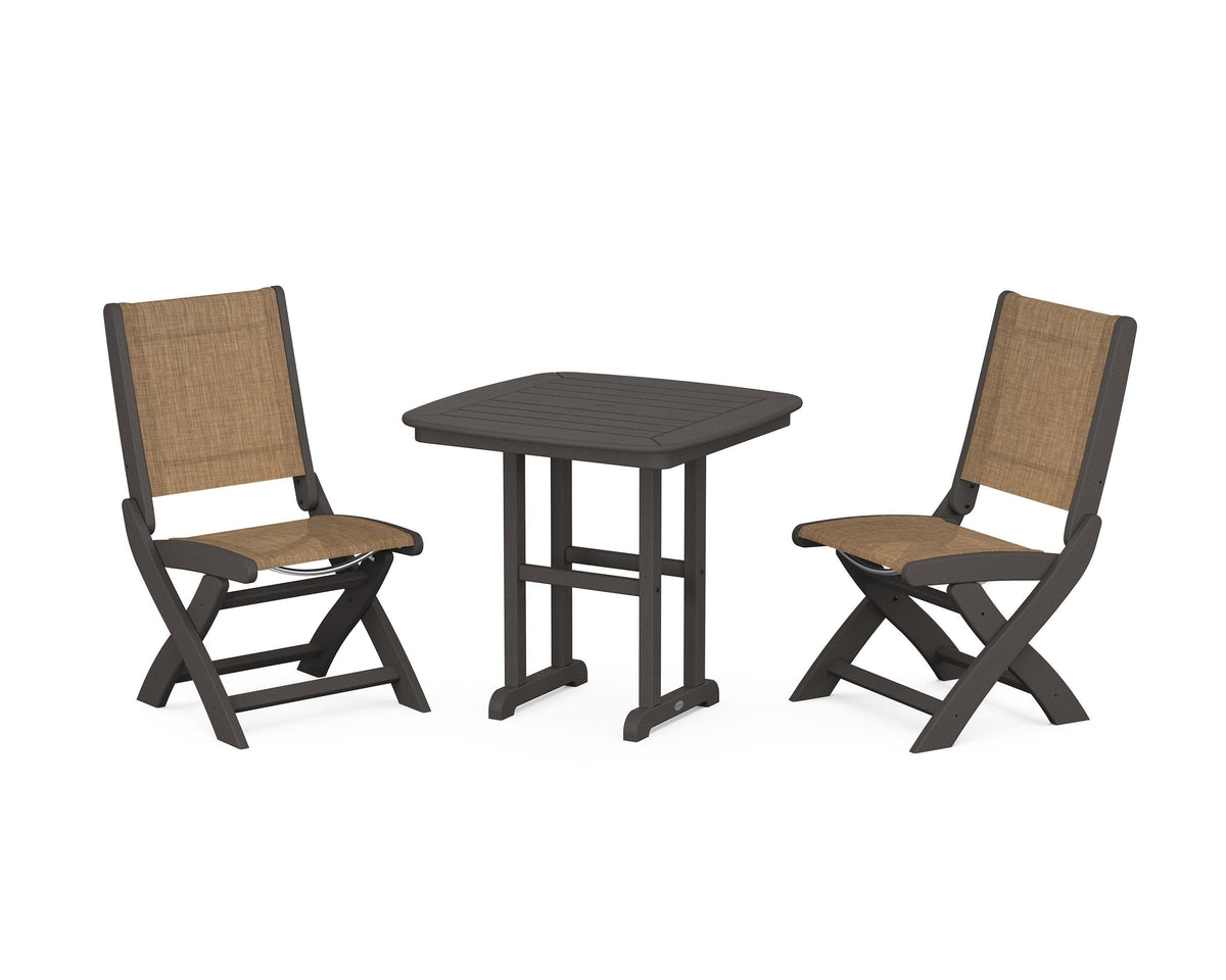 POLYWOOD Coastal Folding Side Chair 3-Piece Dining Set in Vintage Coffee / Burlap