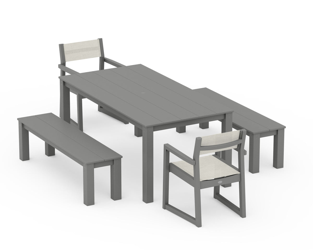 POLYWOOD EDGE Sling Arm Chair 5-Piece Parsons Dining Set with Benches in Slate Grey / Parchment