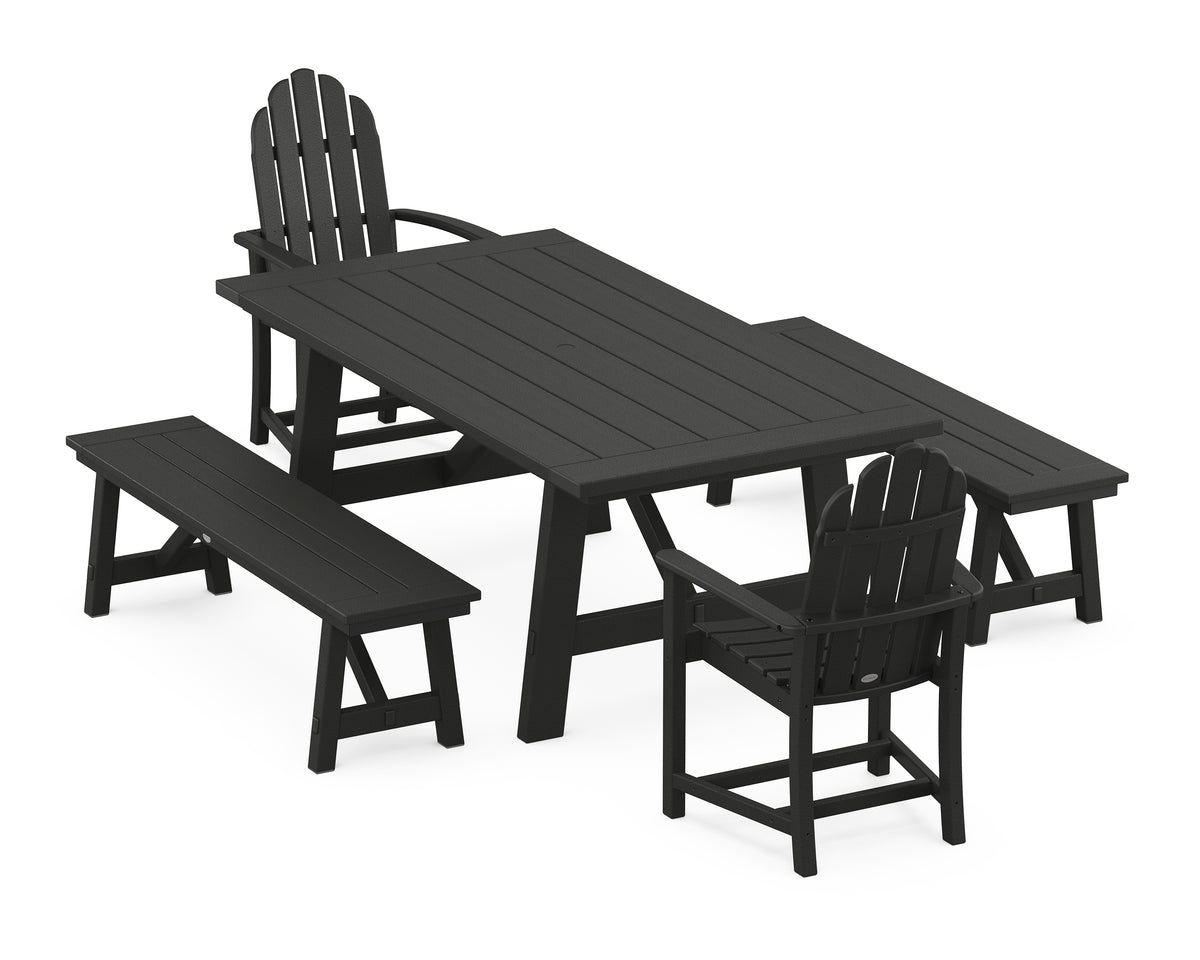 POLYWOOD Classic Adirondack 5-Piece Rustic Farmhouse Dining Set with Benches in Black