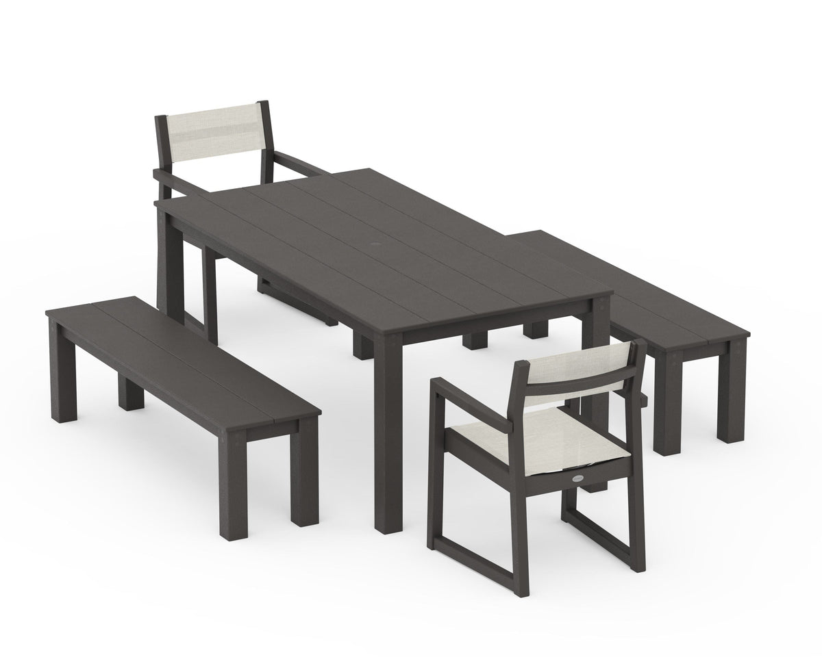 POLYWOOD EDGE Sling Arm Chair 5-Piece Parsons Dining Set with Benches in Vintage Coffee / Parchment