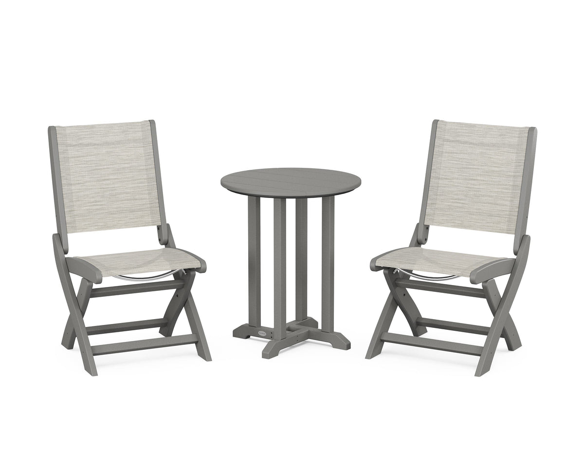 POLYWOOD Coastal Folding Side Chair 3-Piece Round Bistro Dining Set in Slate Grey / Birch