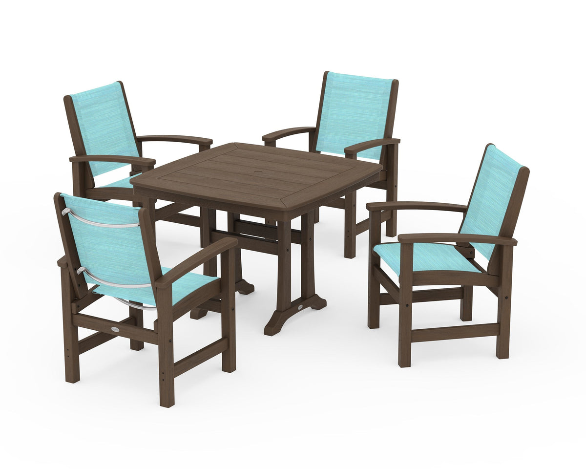 POLYWOOD Coastal 5-Piece Dining Set with Trestle Legs with Nautical Trestle 37" Dining Table in Kona / Dupioni Aquamarine