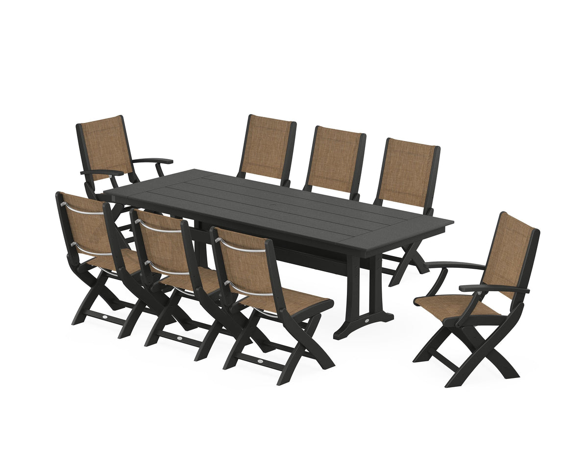 POLYWOOD Coastal 9-Piece Folding Dining Chair Farmhouse Dining Set with Trestle Legs in Black / Burlap