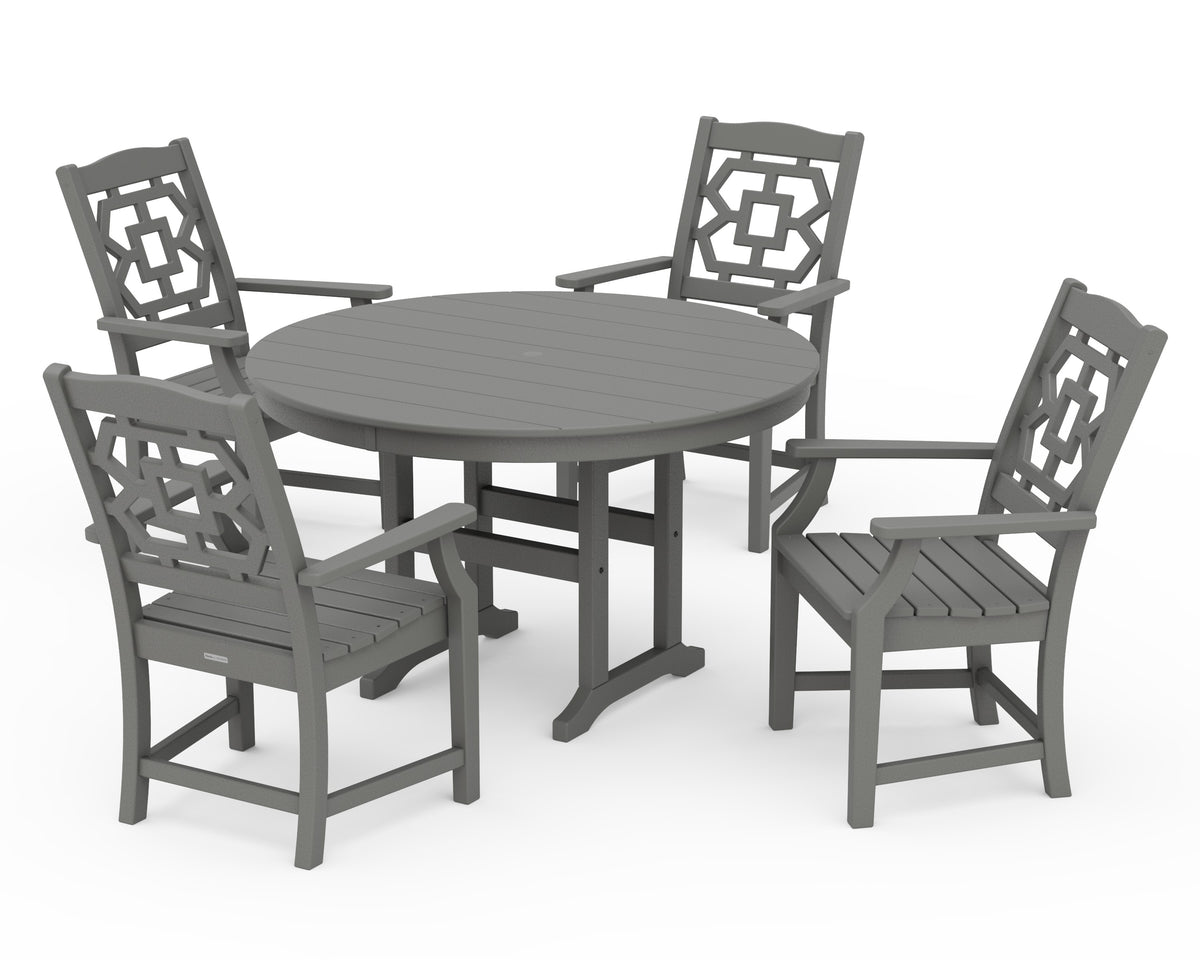 POLYWOOD Chinoiserie 5-Piece Round Farmhouse Dining Set in Slate Grey