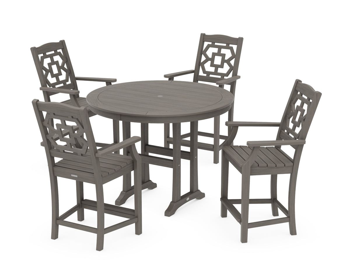POLYWOOD Chinoiserie 5-Piece Round Counter Set in Driftwood