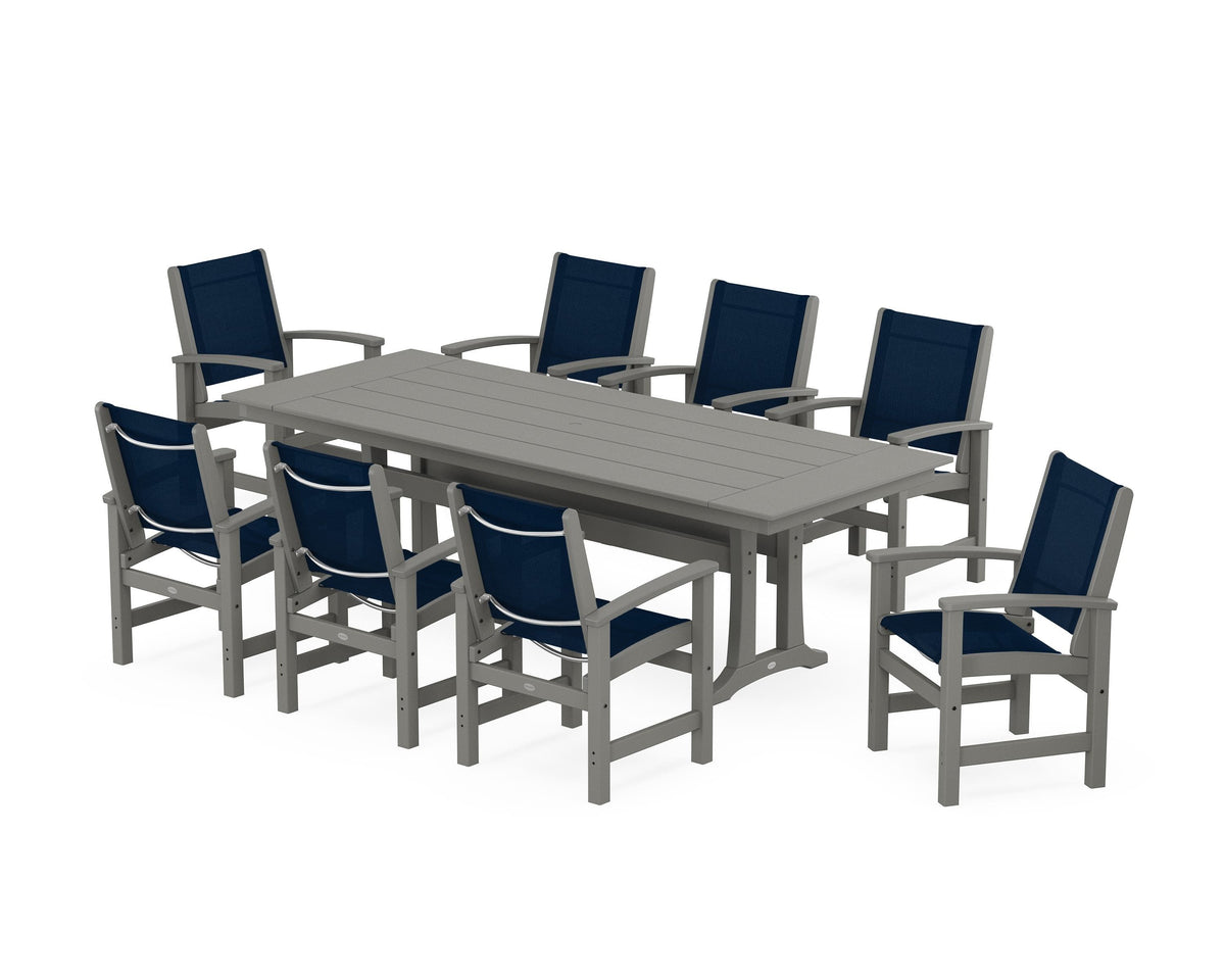 POLYWOOD Coastal 9-Piece Farmhouse Dining Set with Trestle Legs in Slate Grey / Navy Blue