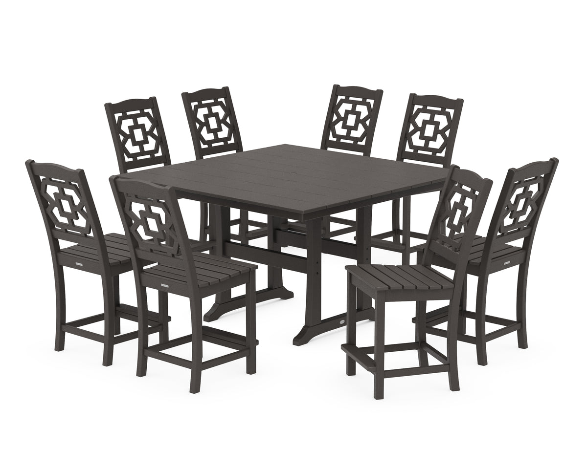 POLYWOOD Chinoiserie 9-Piece Square Farmhouse Side Chair Counter Set with Trestle Legs in Vintage Coffee