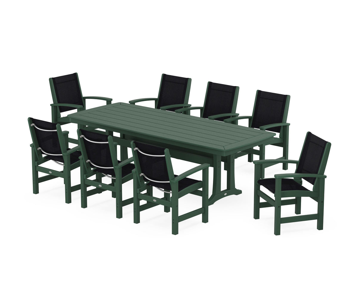 POLYWOOD Coastal 9-Piece Dining Set with Trestle Legs in Green / Black