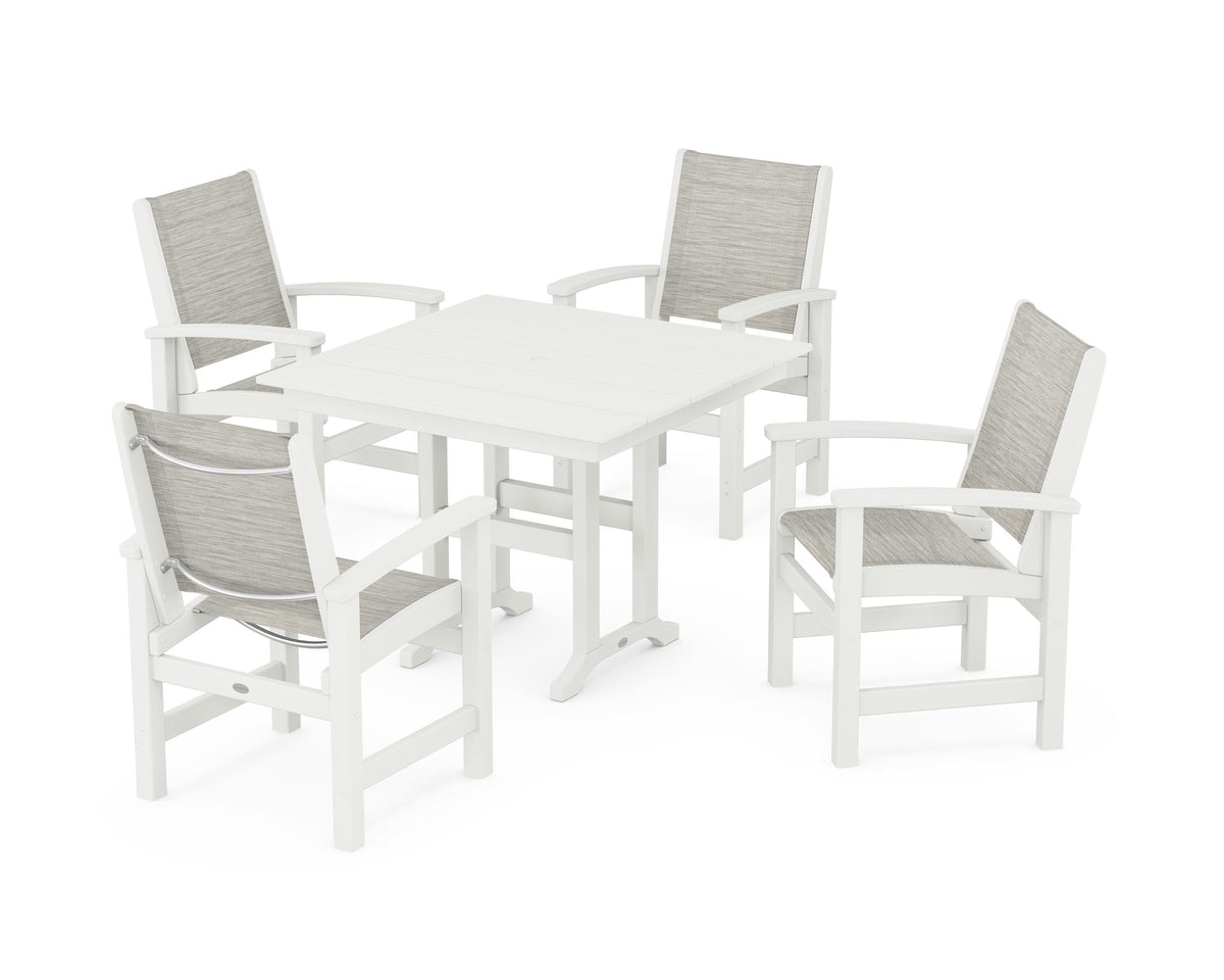 POLYWOOD Coastal 5-Piece Farmhouse Dining Set with Farmhouse 37" Dining Table in Vintage White / Birch