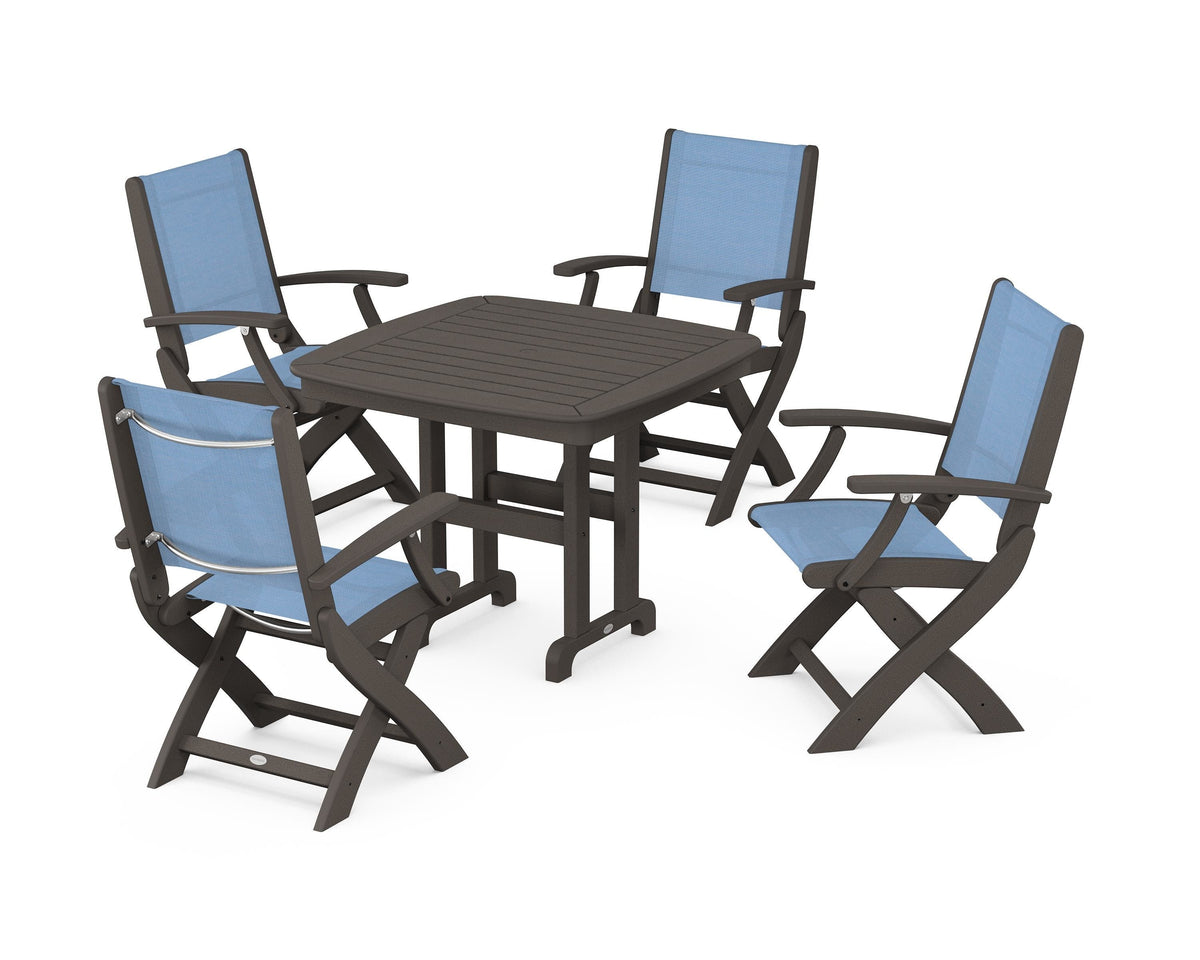 POLYWOOD Coastal Folding Chair 5-Piece Dining Set with Nautical 37" Dining Table in Vintage Coffee / Poolside