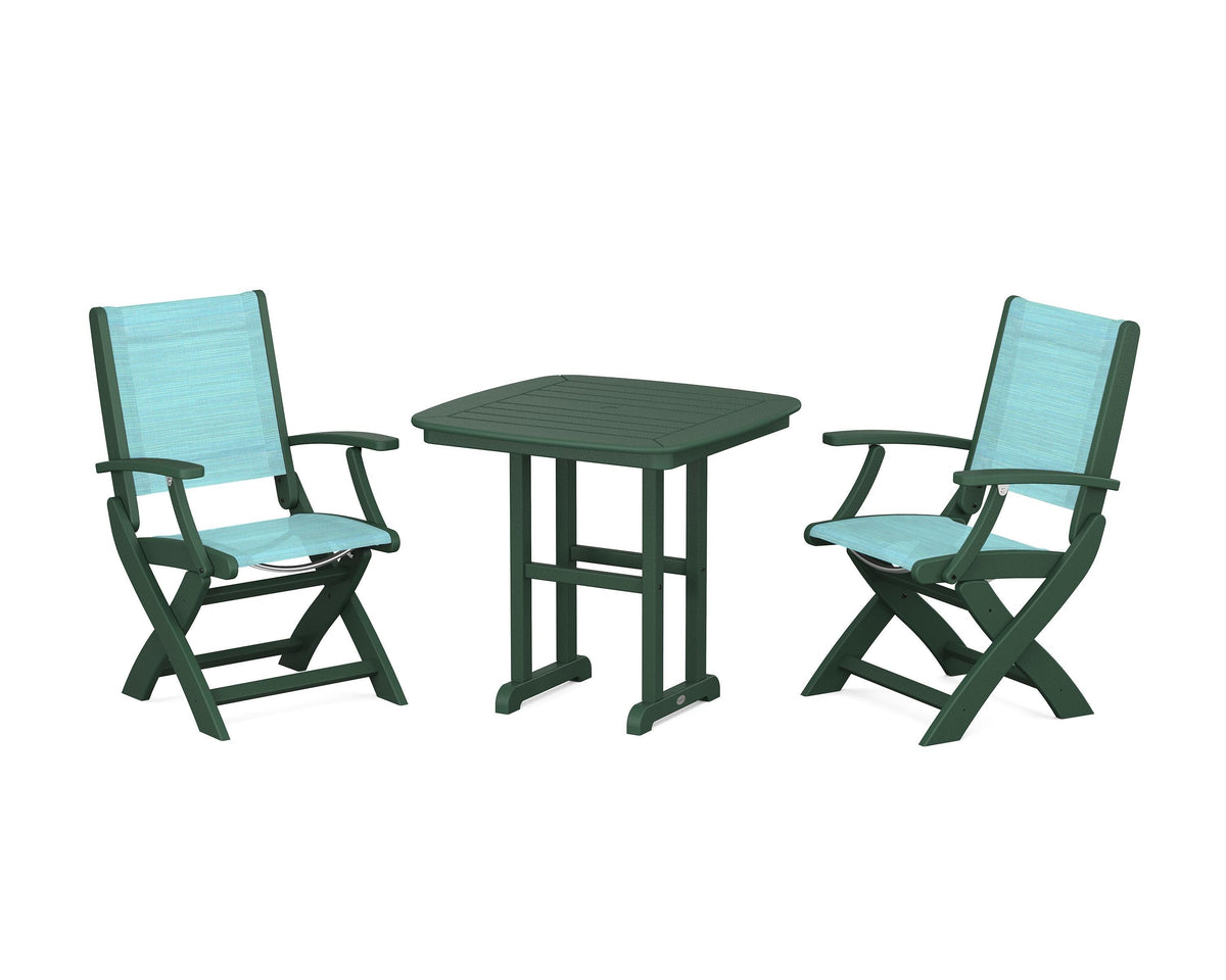 POLYWOOD Coastal Folding Chair 3-Piece Dining Set in Green / Dupioni Aquamarine