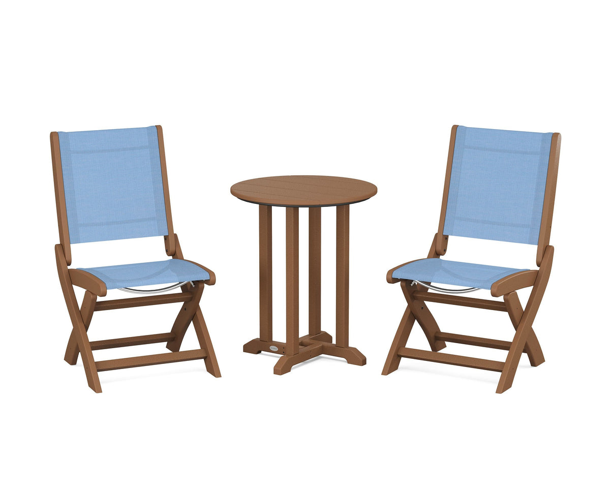 POLYWOOD Coastal Folding Side Chair 3-Piece Round Bistro Dining Set in Teak / Poolside