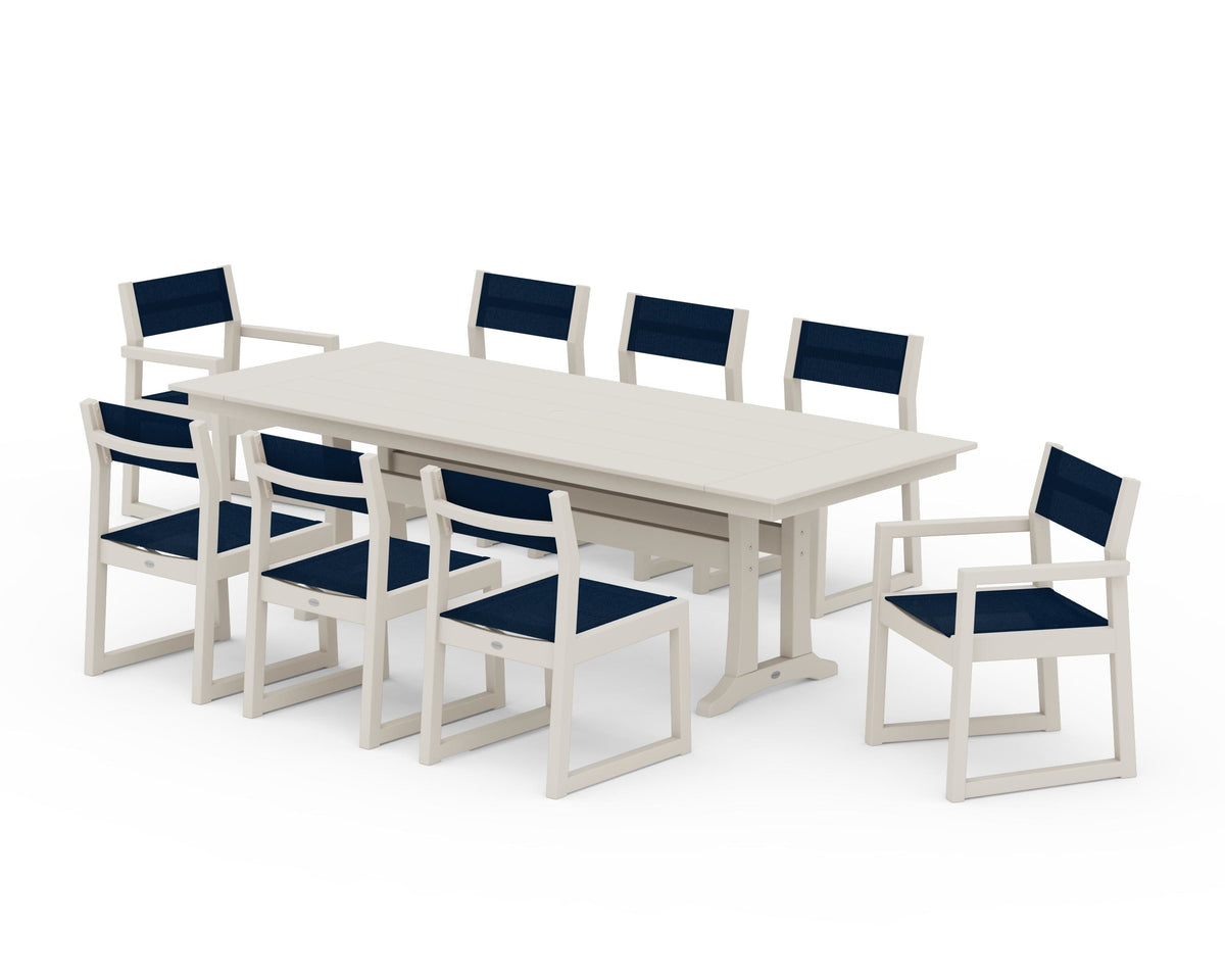 POLYWOOD EDGE Sling 9-Piece Farmhouse Trestle Dining Set in Sand / Navy Blue