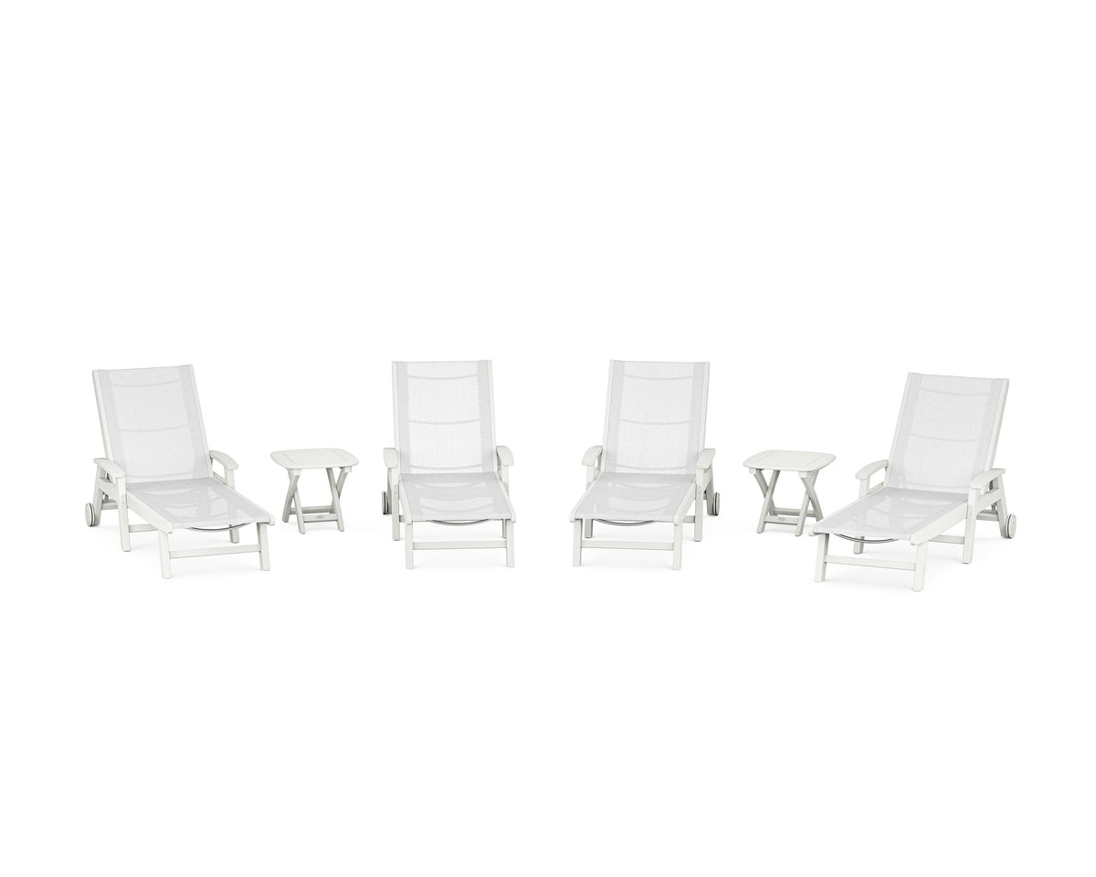 POLYWOOD Coastal Chaise 6-Piece Set with Wheels in Vintage White / White