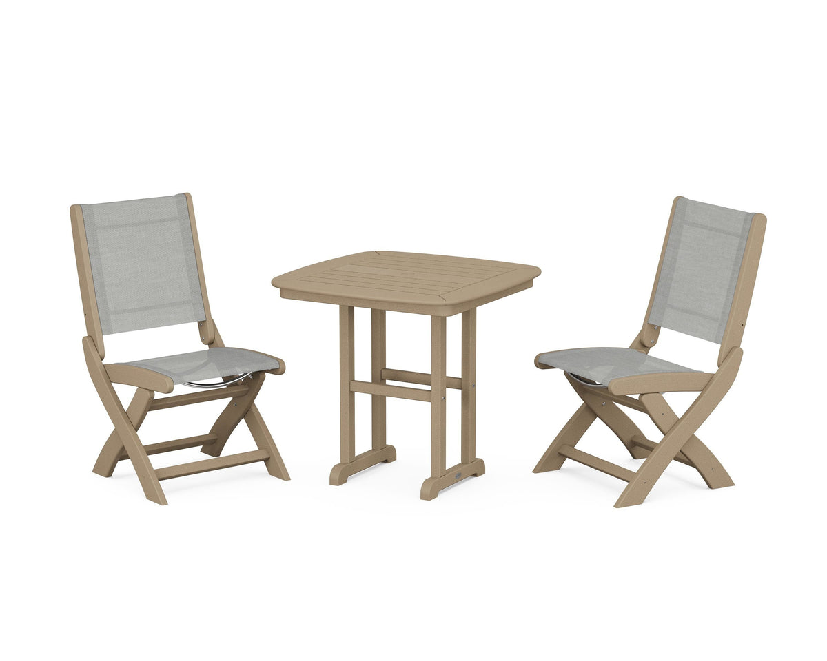 POLYWOOD Coastal Folding Side Chair 3-Piece Dining Set in Vintage Sahara / Metallic