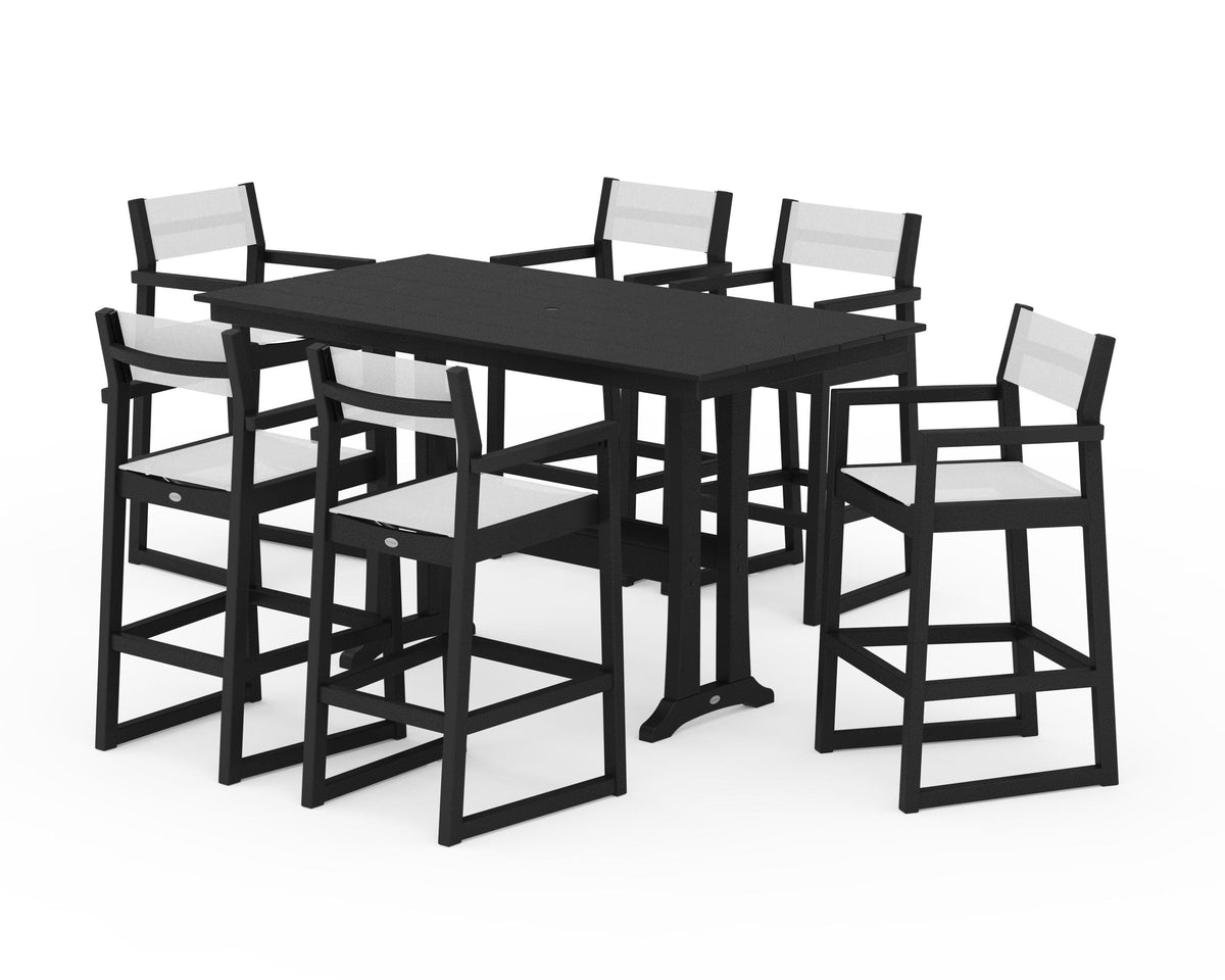 POLYWOOD EDGE Sling Arm Chair 7-Piece Farmhouse Bar Set with Trestle Legs in Black / White