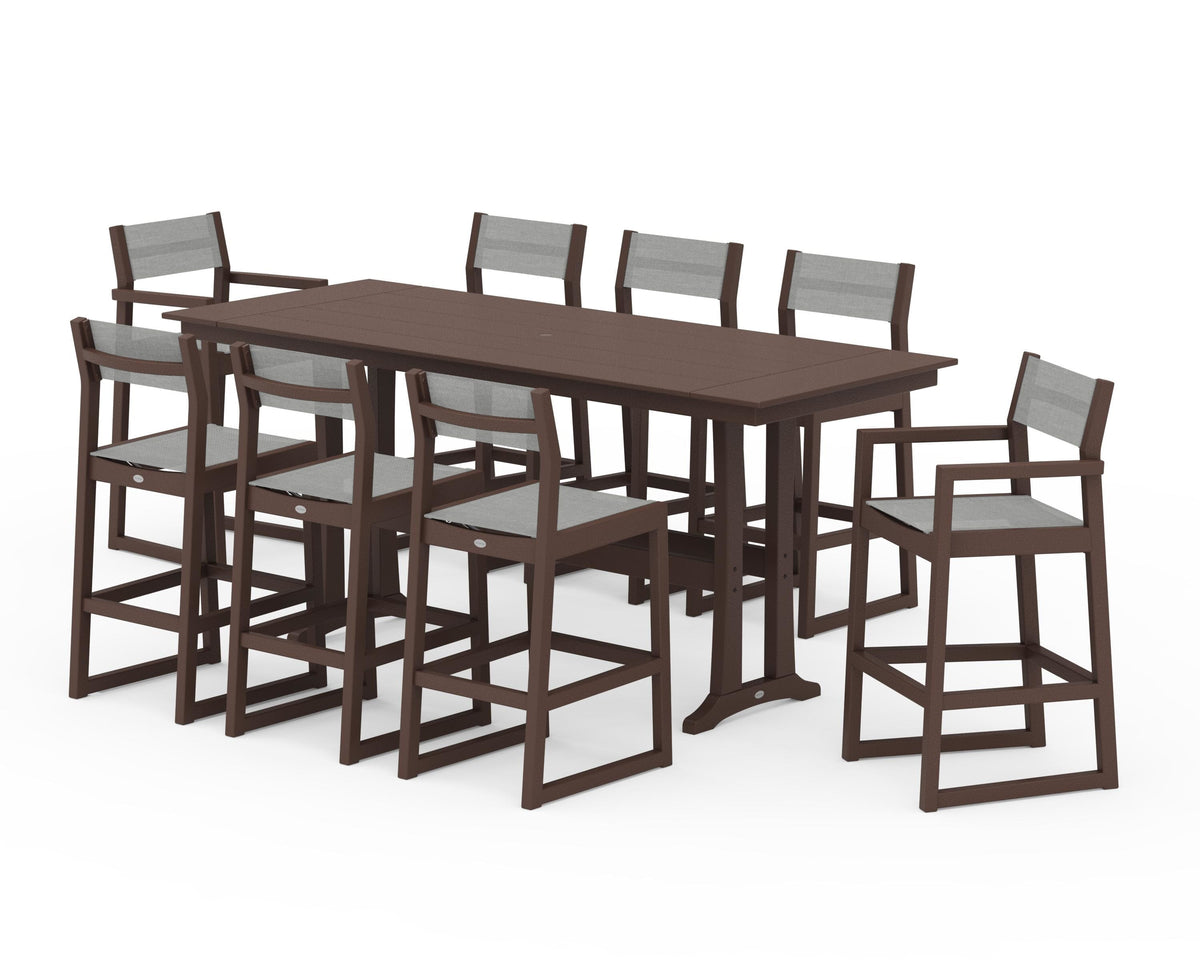 POLYWOOD EDGE Sling 9-Piece Farmhouse Bar Set with Trestle Legs in Mahogany / Metallic