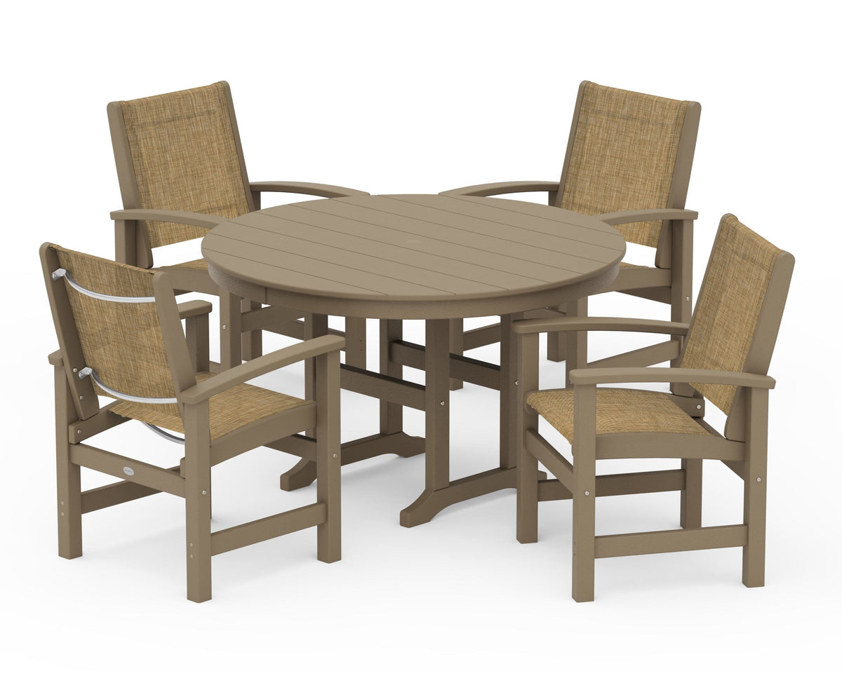 POLYWOOD Coastal 5-Piece Round Farmhouse Dining Set in Vintage Sahara / Burlap