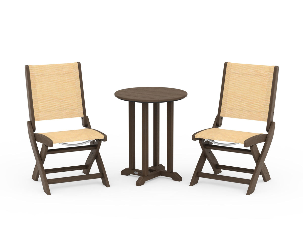 POLYWOOD Coastal Folding Side Chair 3-Piece Round Bistro Dining Set in Kona / Dupioni Apricot