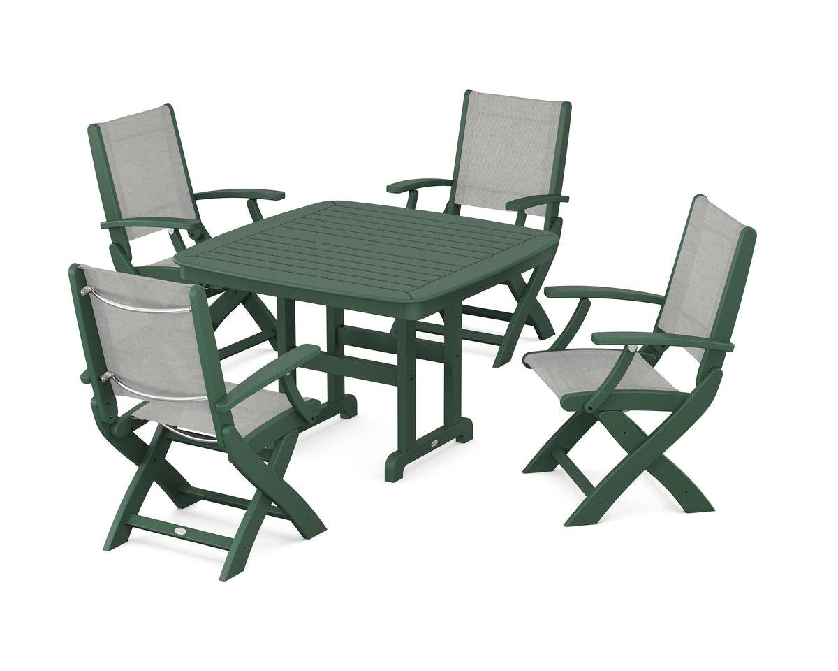 POLYWOOD Coastal Folding Chair 5-Piece Dining Set with Nautical 44" Dining Table in Green / Metallic