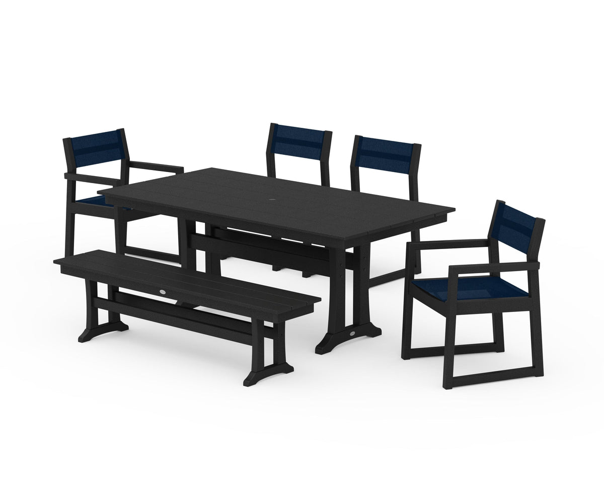 POLYWOOD EDGE Sling 6-Piece Farmhouse Dining Set With Trestle Legs in Black / Navy Blue