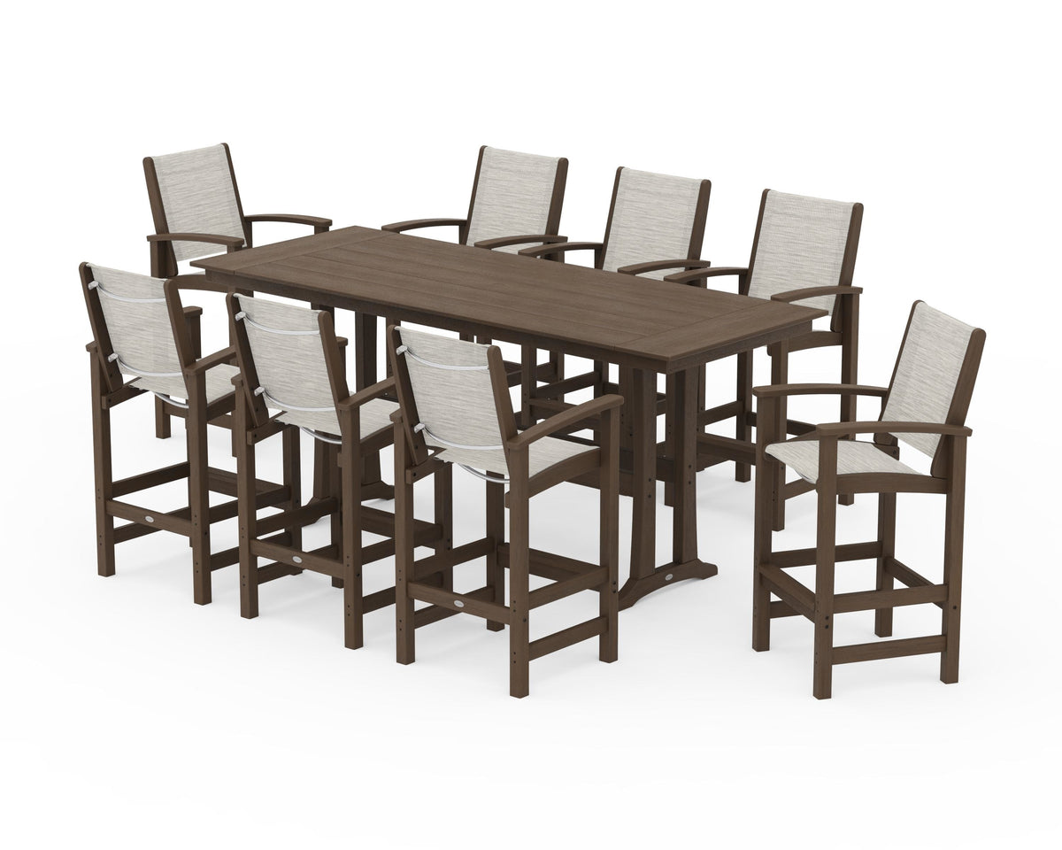 POLYWOOD Coastal 9-Piece Farmhouse Bar Set with Trestle Legs in Kona / Birch