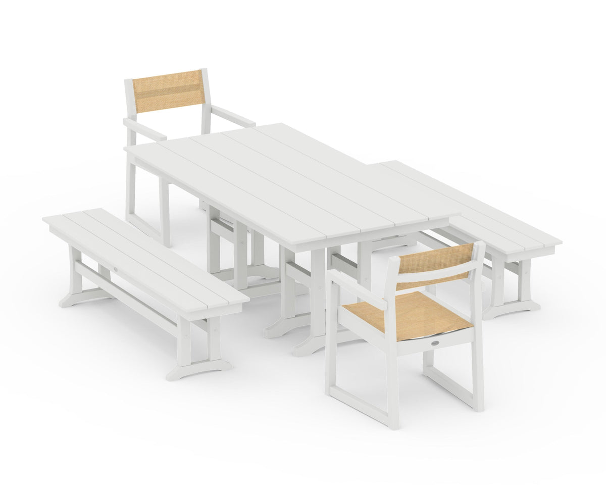 POLYWOOD EDGE Sling Arm Chair 5-Piece Farmhouse Dining Set with Benches in Vintage White / Dupioni Apricot