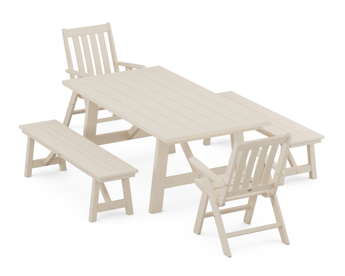 POLYWOOD Vineyard Folding Chair 5-Piece Rustic Farmhouse Dining Set with Benches in Sand