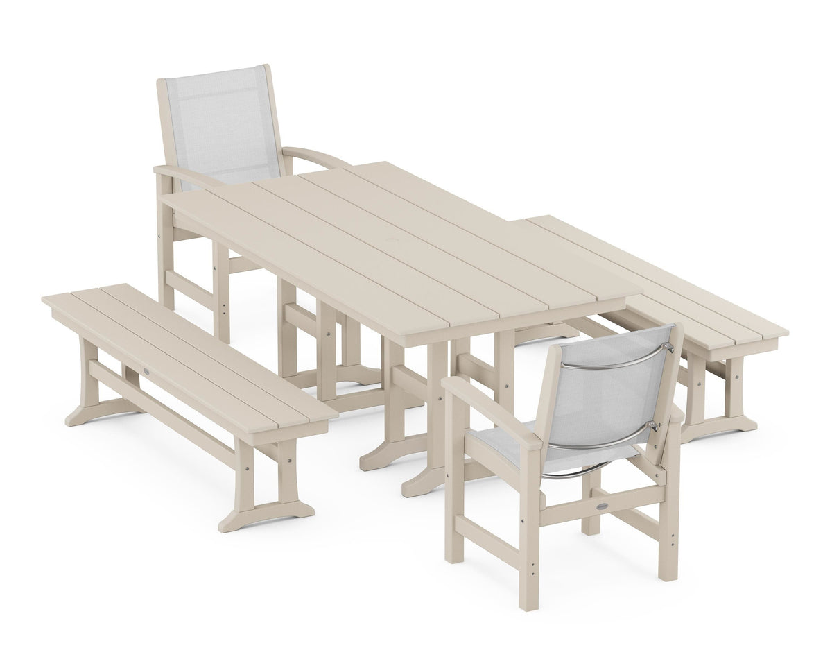 POLYWOOD Coastal 5-Piece Farmhouse Dining Set with Farmhouse 37" x 72" Dining Table in Sand / White