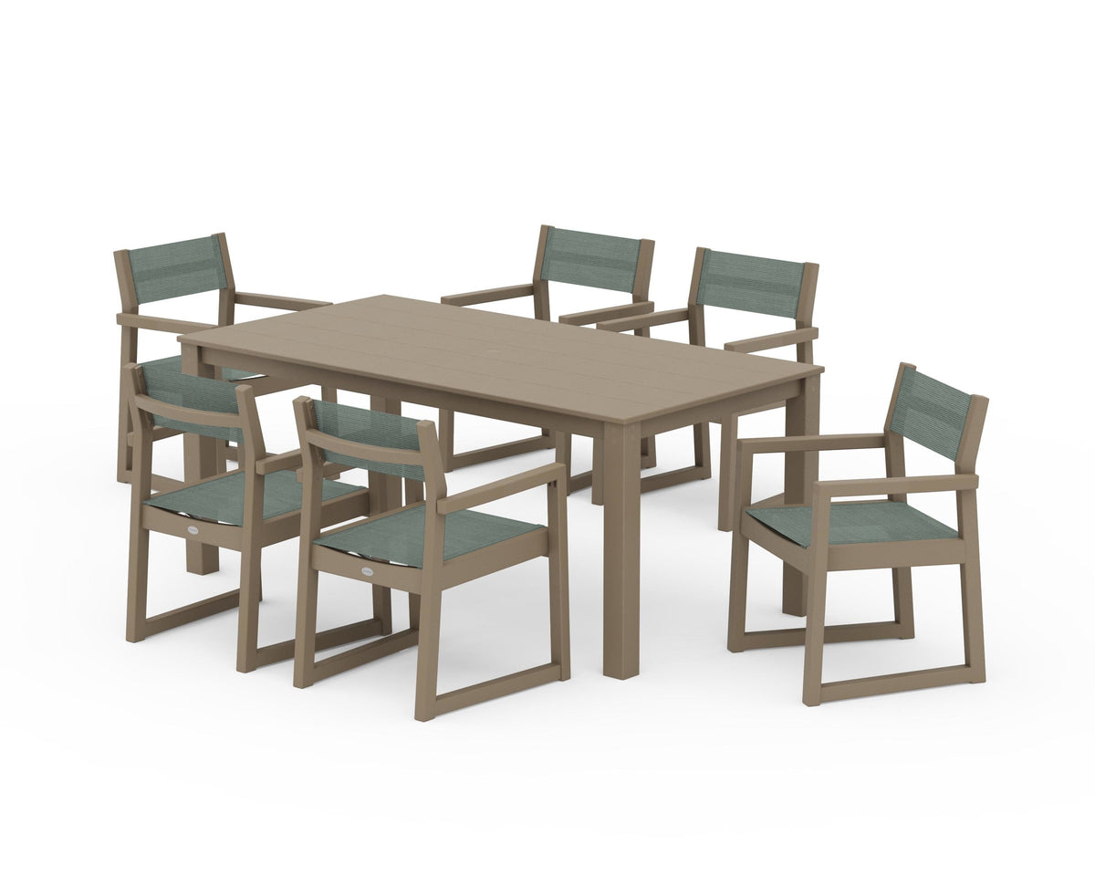 POLYWOOD EDGE Sling Arm Chair 7-Piece Parsons Dining Set in Vintage Sahara / Dupioni Sea Mist