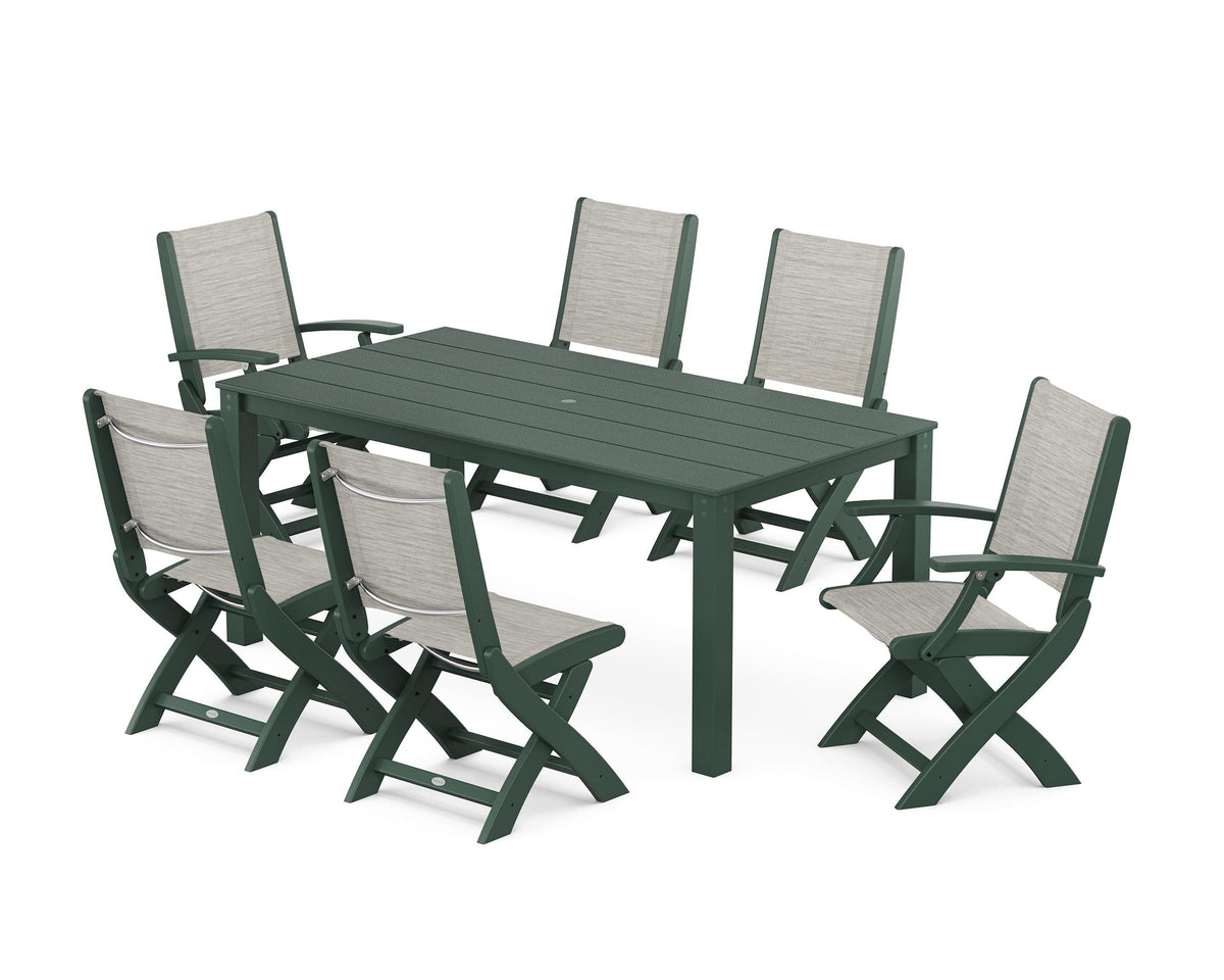 POLYWOOD Coastal Folding Chair 7-Piece Parsons Dining Set with Coastal Folding Side Chair in Green / Birch