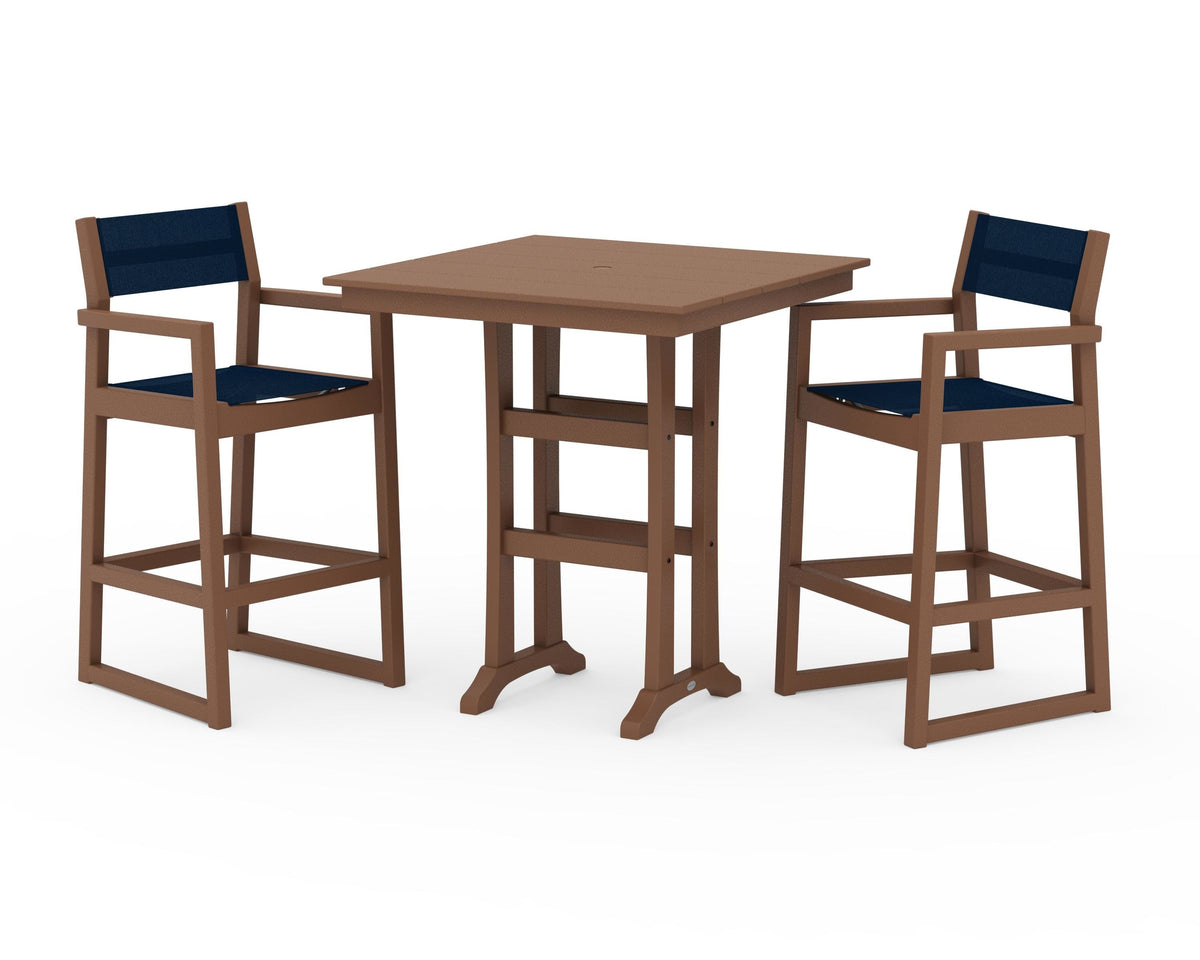 POLYWOOD EDGE Sling Arm Chair 3-Piece Farmhouse Bar Set with Trestle Legs in Teak / Navy Blue