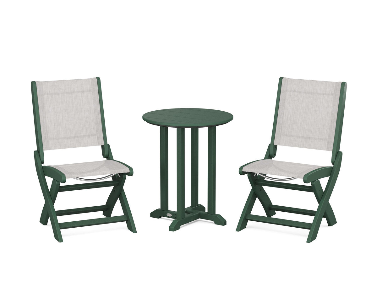 POLYWOOD Coastal Folding Side Chair 3-Piece Round Bistro Dining Set in Green / Parchment