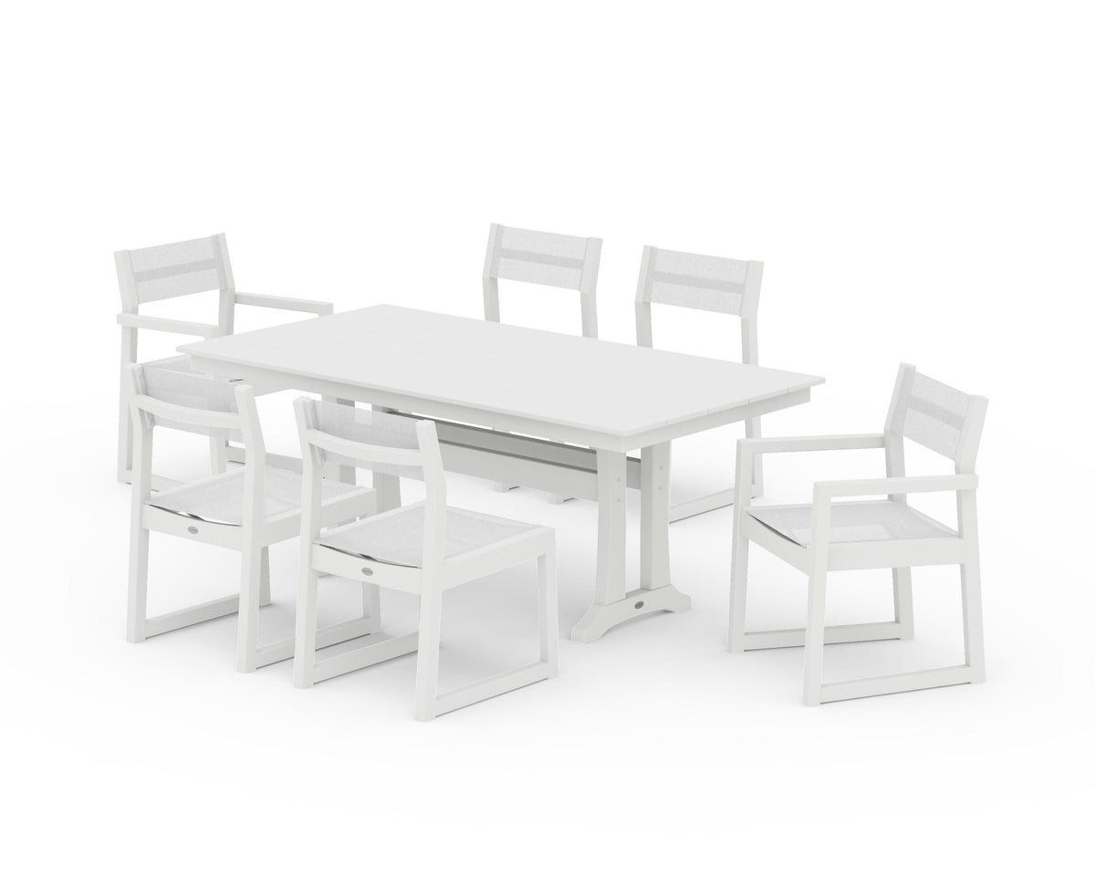 POLYWOOD EDGE Sling 7-Piece Farmhouse Trestle Dining Set in White / White