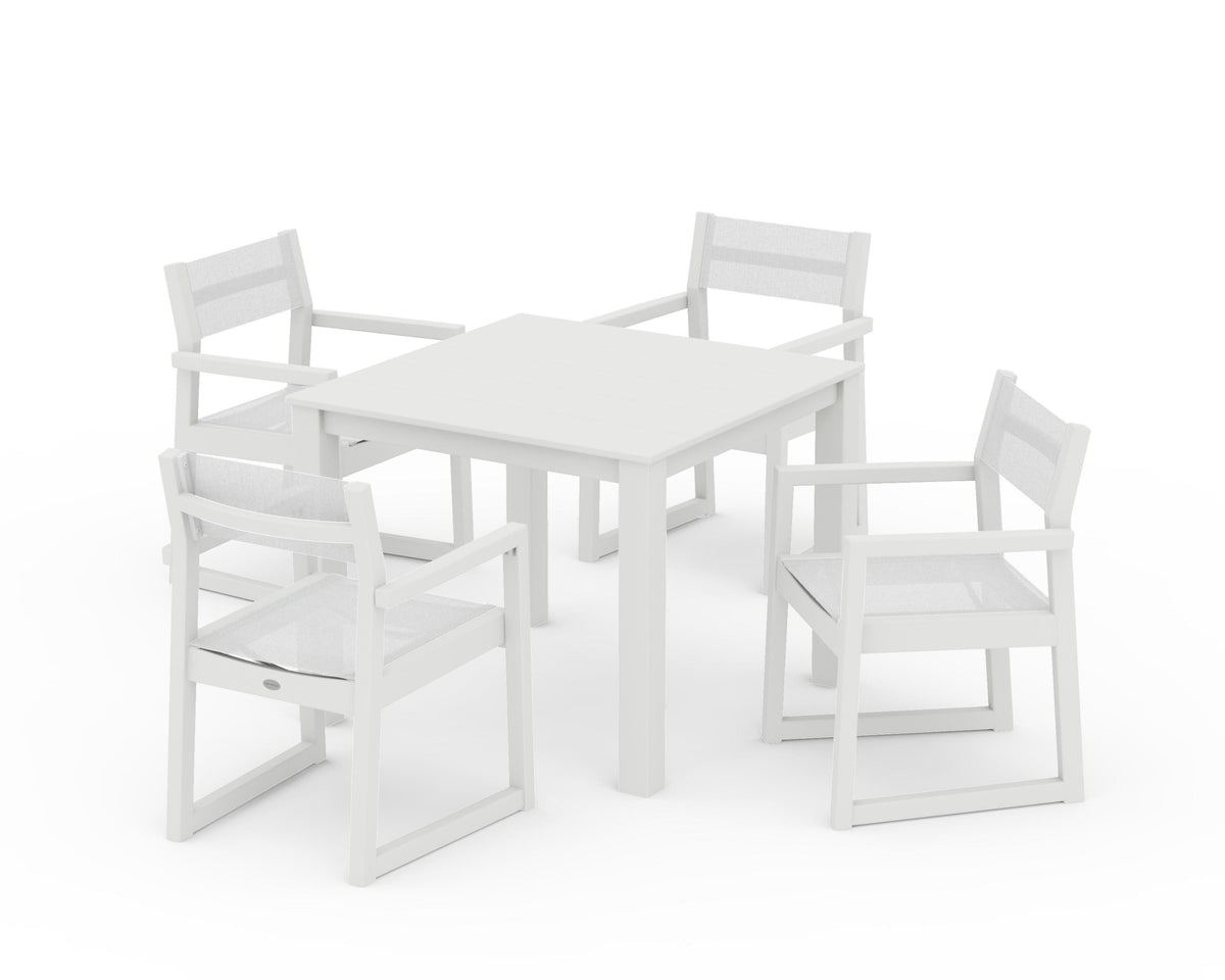 POLYWOOD EDGE Sling Arm Chair 5-Piece Parsons Dining Set in Vintage White / White
