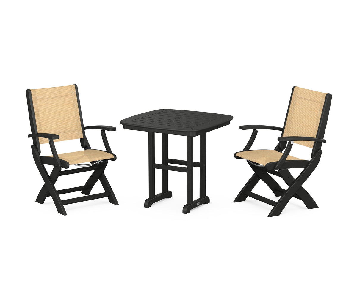 POLYWOOD Coastal Folding Chair 3-Piece Dining Set in Black / Dupioni Apricot