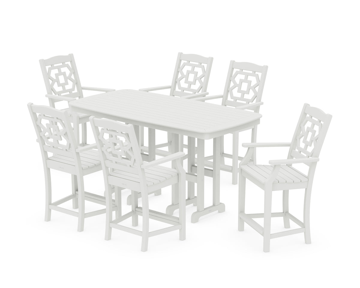 POLYWOOD Chinoiserie Arm Chair 7-Piece Counter Set in Vintage White