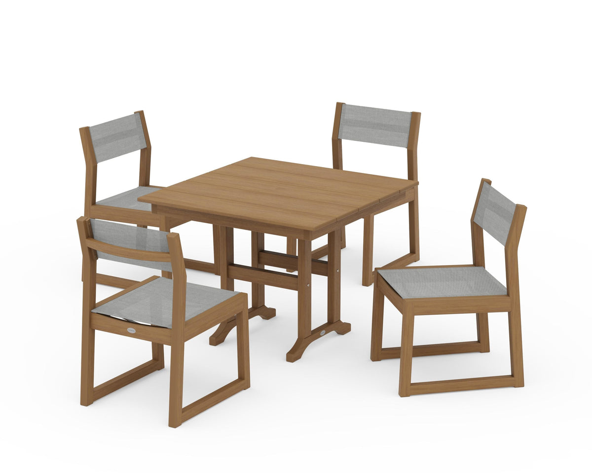 POLYWOOD EDGE Sling Side Chair 5-Piece Farmhouse Dining Set in Natural / Metallic