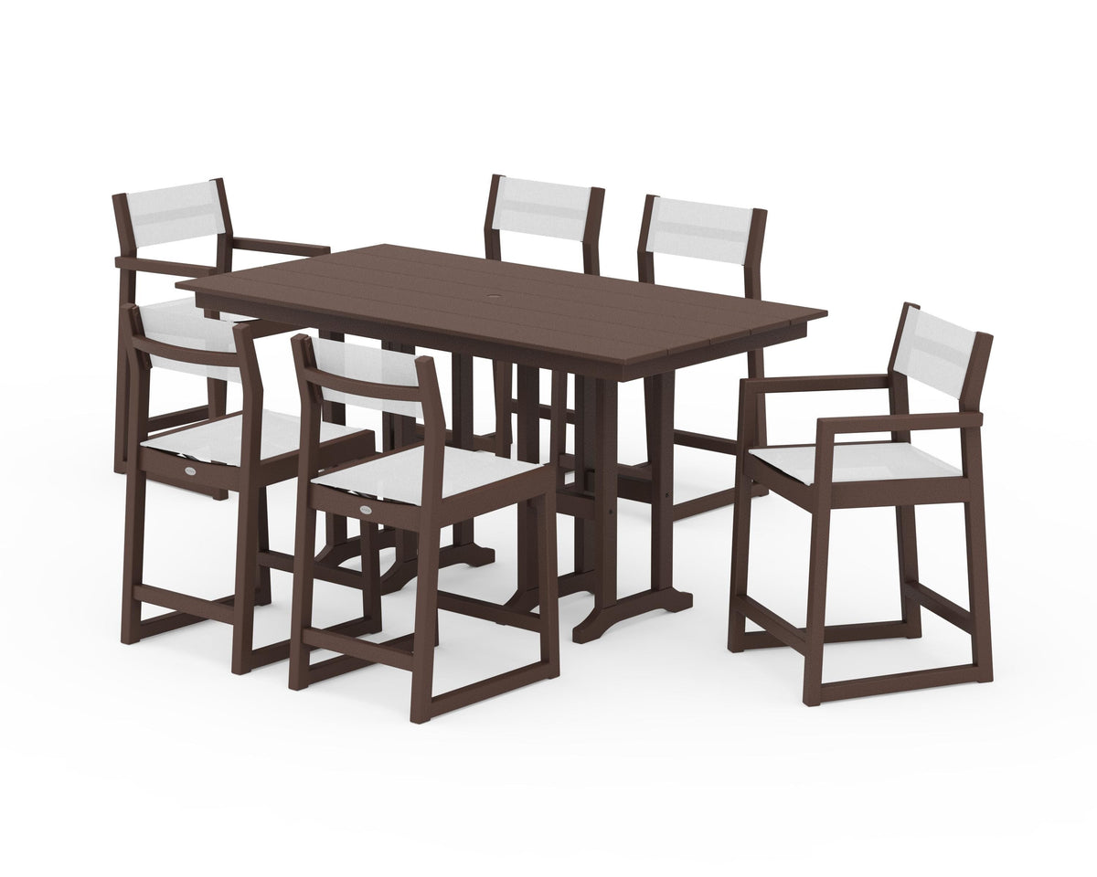 POLYWOOD EDGE Sling 7-Piece Farmhouse Counter Set with Trestle Legs in Mahogany / White