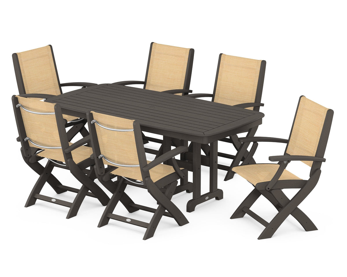 POLYWOOD Coastal Folding Arm Chair 7-Piece Dining Set in Vintage Coffee / Dupioni Apricot