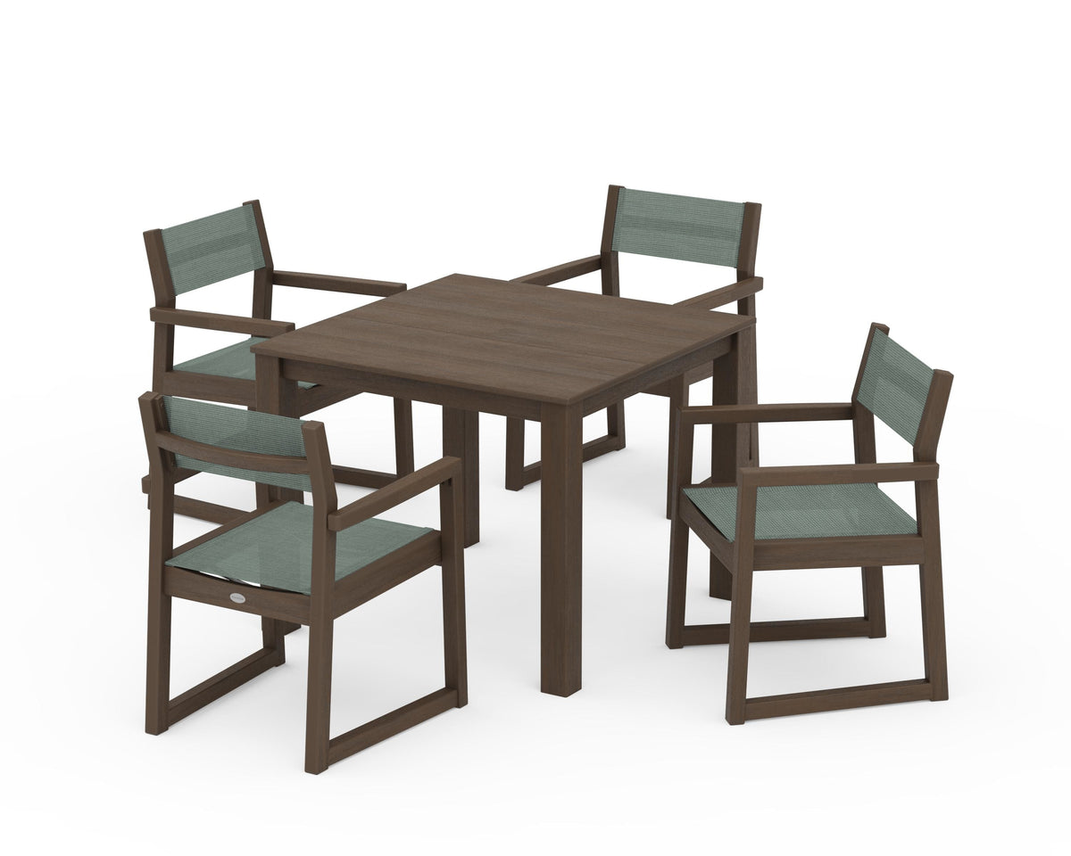 POLYWOOD EDGE Sling Arm Chair 5-Piece Parsons Dining Set in Kona / Dupioni Sea Mist
