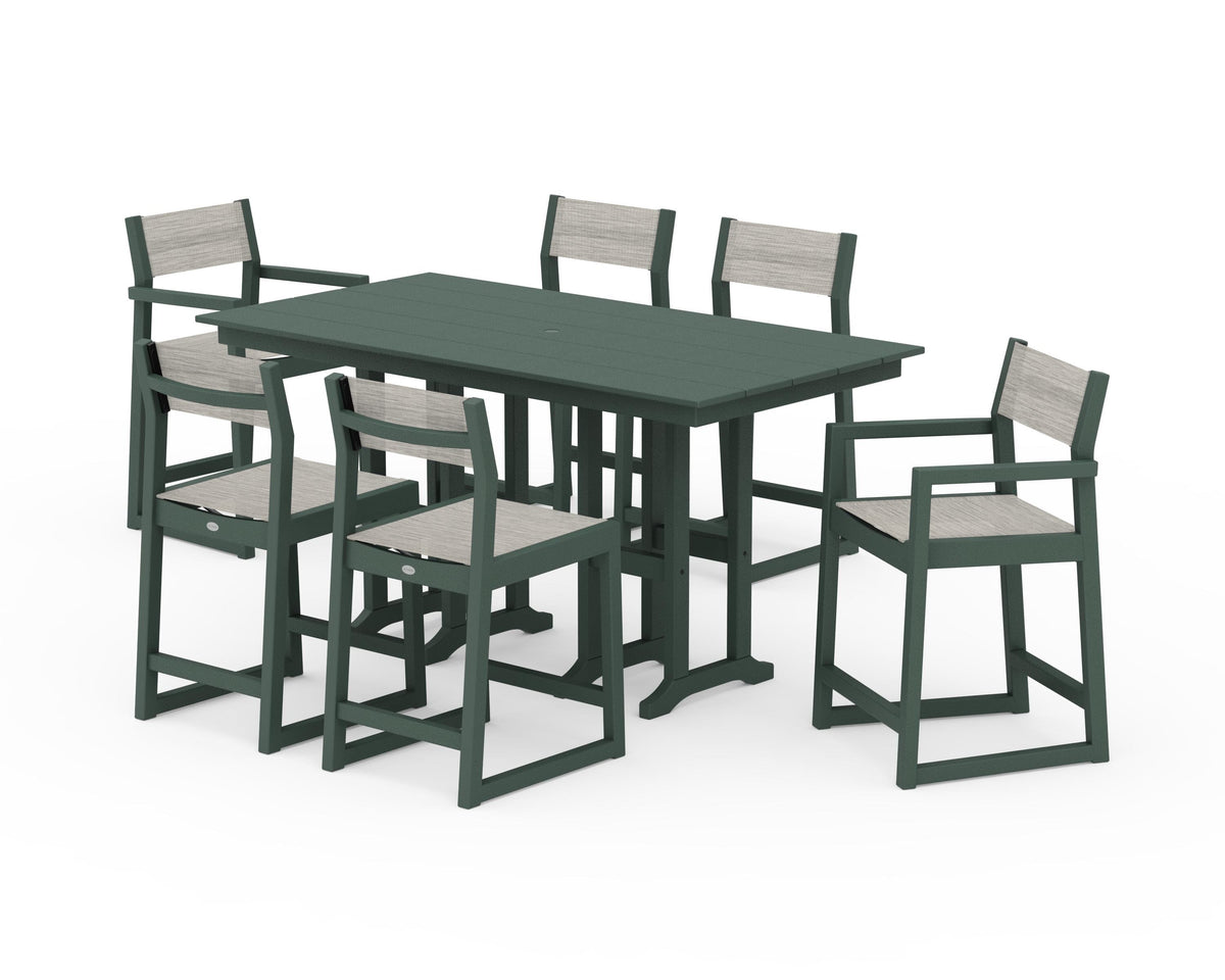 POLYWOOD EDGE Sling 7-Piece Farmhouse Counter Set with Trestle Legs in Green / Birch