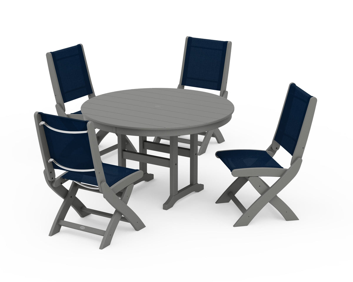 POLYWOOD Coastal Folding Side Chair 5-Piece Round Dining Set in Slate Grey / Navy Blue